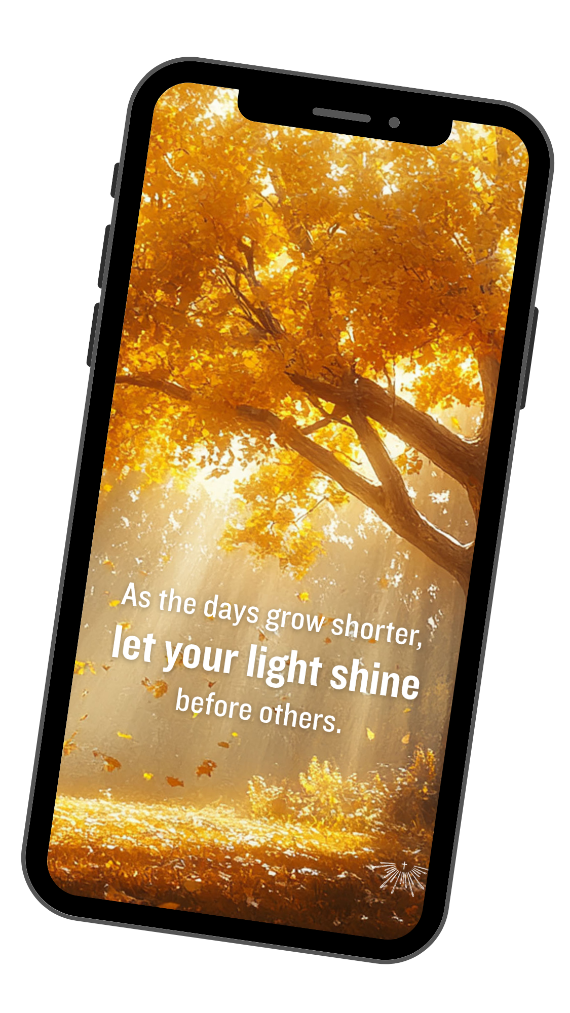 A smartphone screen displays an autumn scene with a tree with orange leaves, sunlight filtering through, and fallen leaves on the ground. Overlaid text reads: "As the days grow shorter, let your light shine before others."