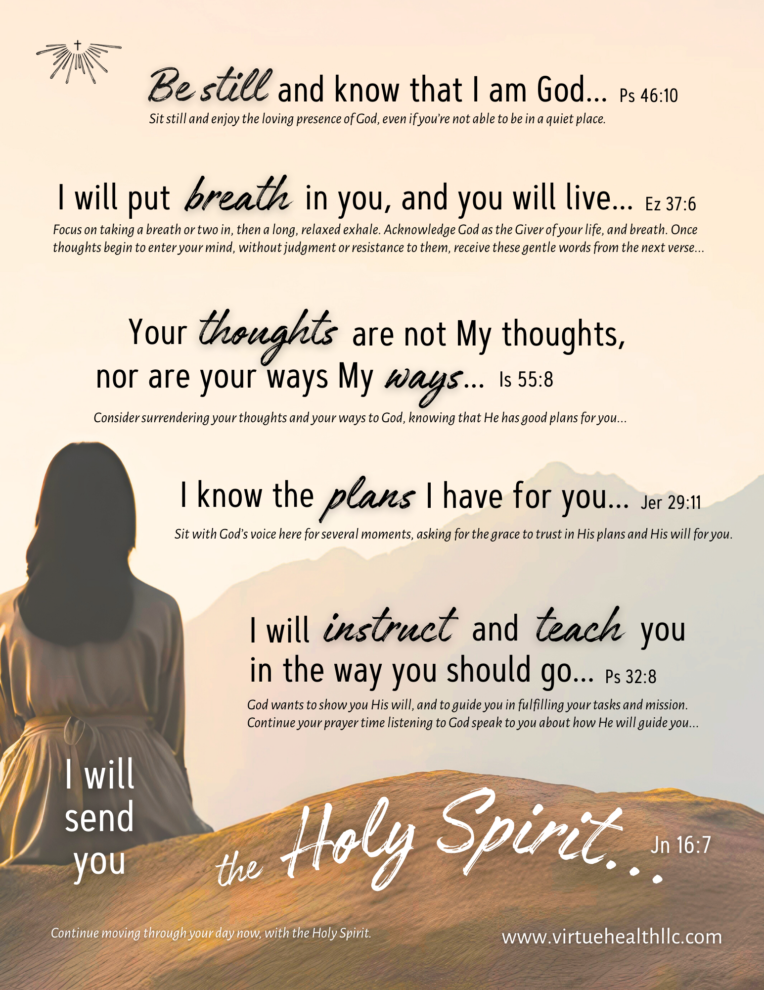 Inspirational Christian quote about trusting and listening to God, with a background of a meditating person sitting in a natural landscape at sunset or sunrise.