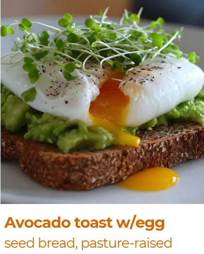 Close-up of avocado toast with a poached egg on top, garnished with microgreens, on seed bread.