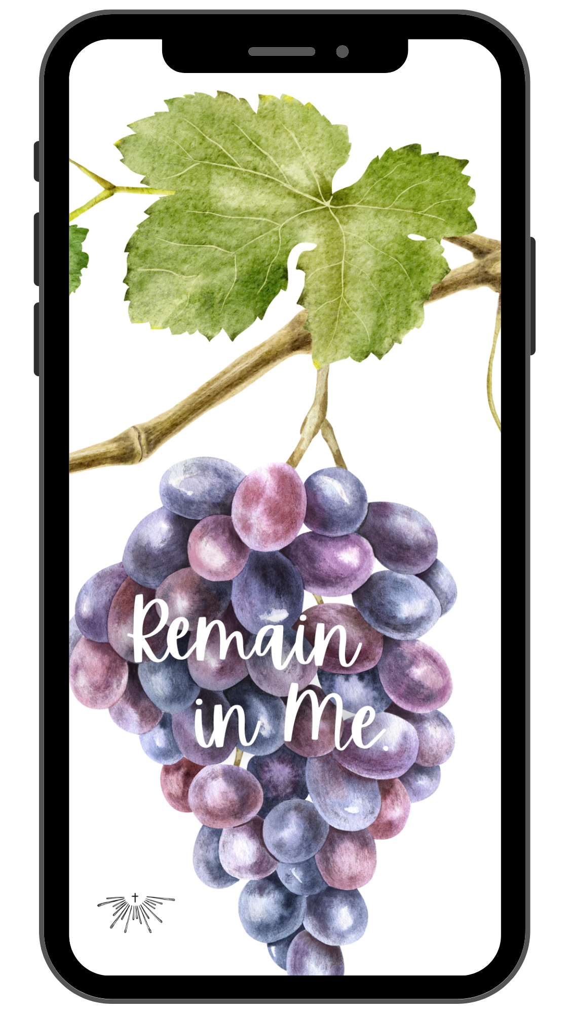 A smartphone screen displaying a digital watercolor illustration of a grapevine with green leaves and a cluster of purple grapes. Text overlay reads "remain in me".