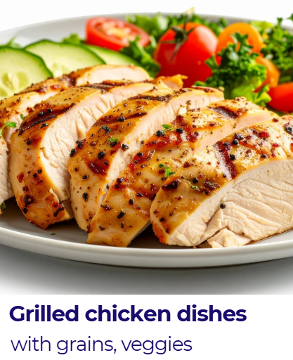 Sliced grilled chicken breast on a white plate with cucumber slices, cherry tomatoes, and leafy greens in the background.