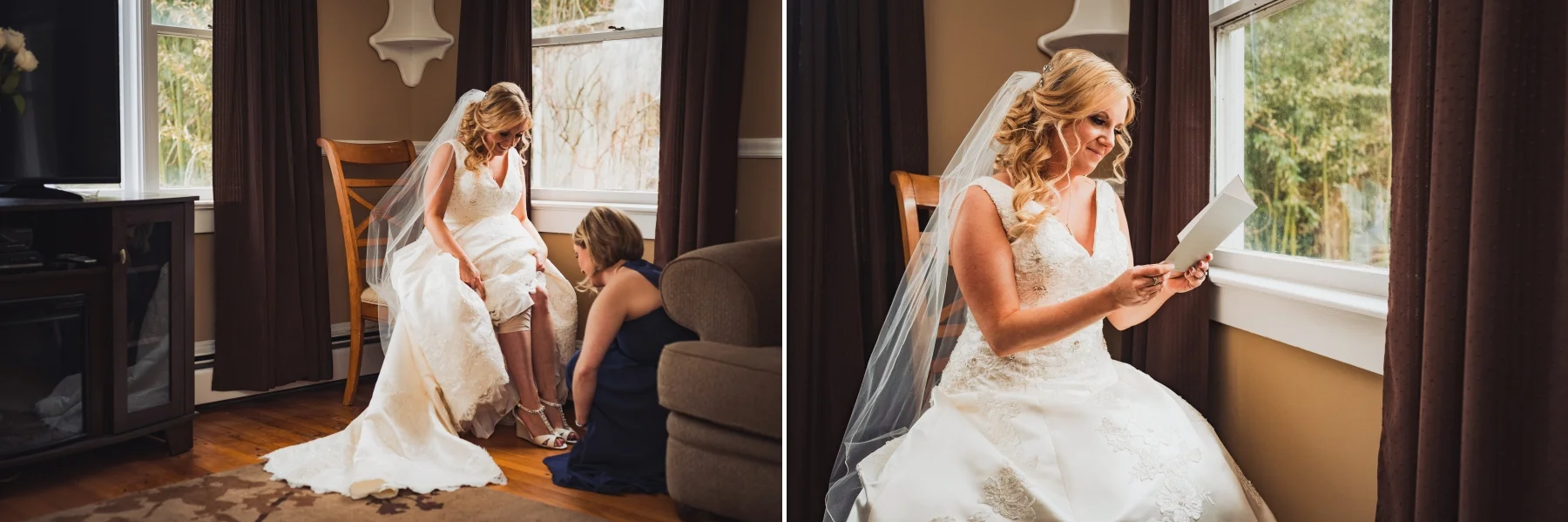  A really sweet moment before the hustle and bustle of a wedding ceremony is for the bride and groom to share some words with each other in the form of a letter. For scenes like this, I generally try to position my subject next to a big window for na