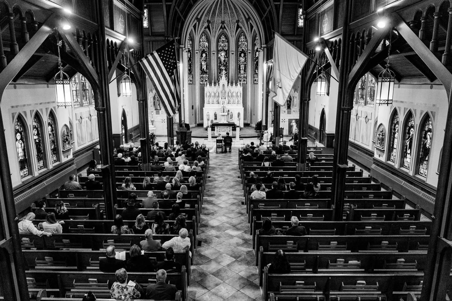  A wide shot of the ceremony shot from the balcony where the organist was playing. 