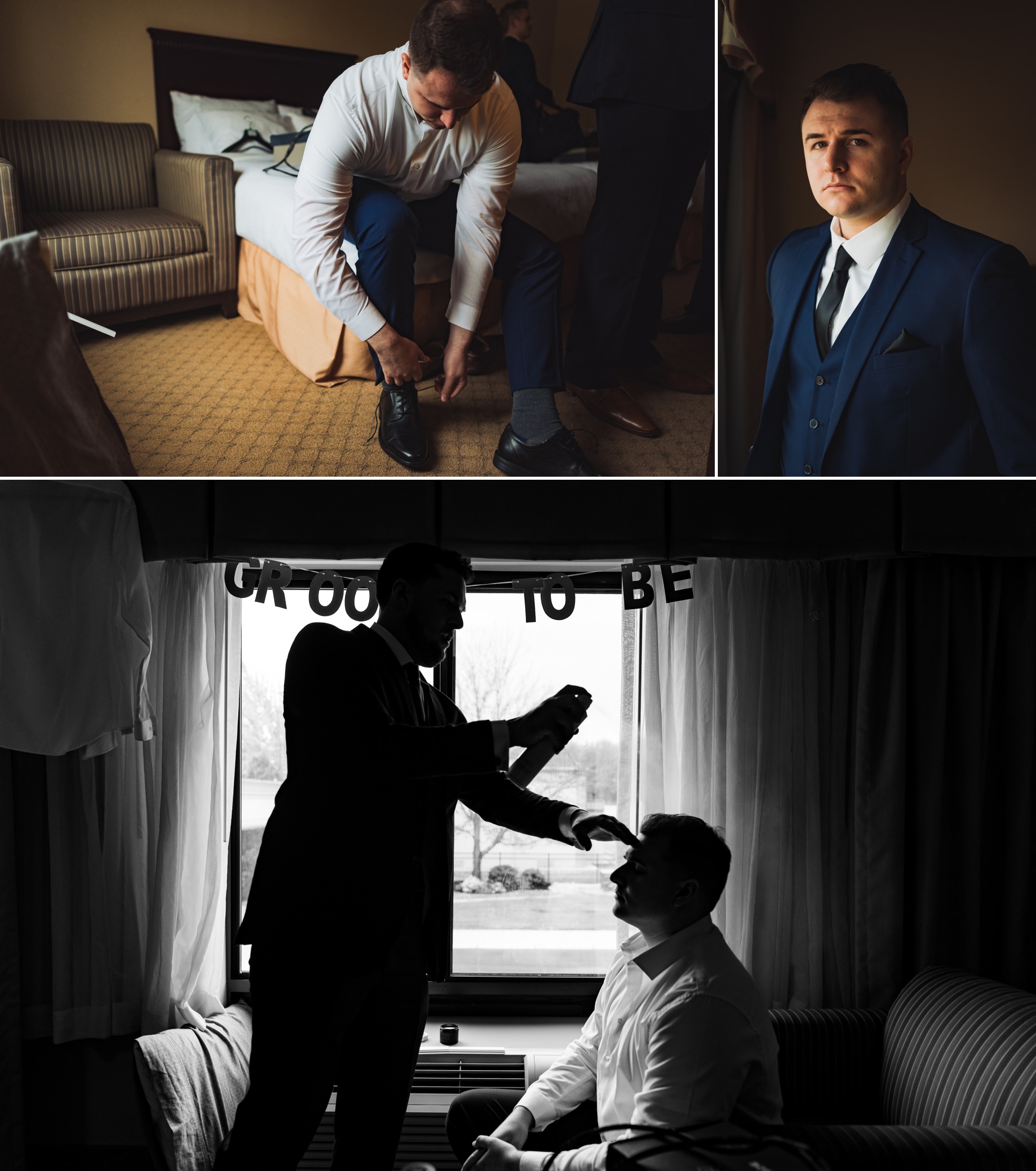  when photographing grooms getting ready, I like to position then next to a large light source, to provide optimal light. I also like the way the light falls off, creating a little moodier of a portrait when photographing weddings. 

Photos taken dur