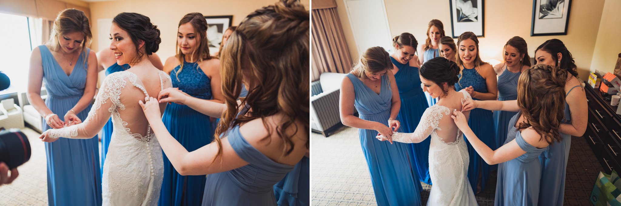  the bridesmaids admiring kelly's dress, and helping her to do the buttons on the back. I usually recommend crochet hooks for these kinds of knob/ button closures. 

Photos taken during Luke and Kelly's wedding in New Jersey. photographed with a phot
