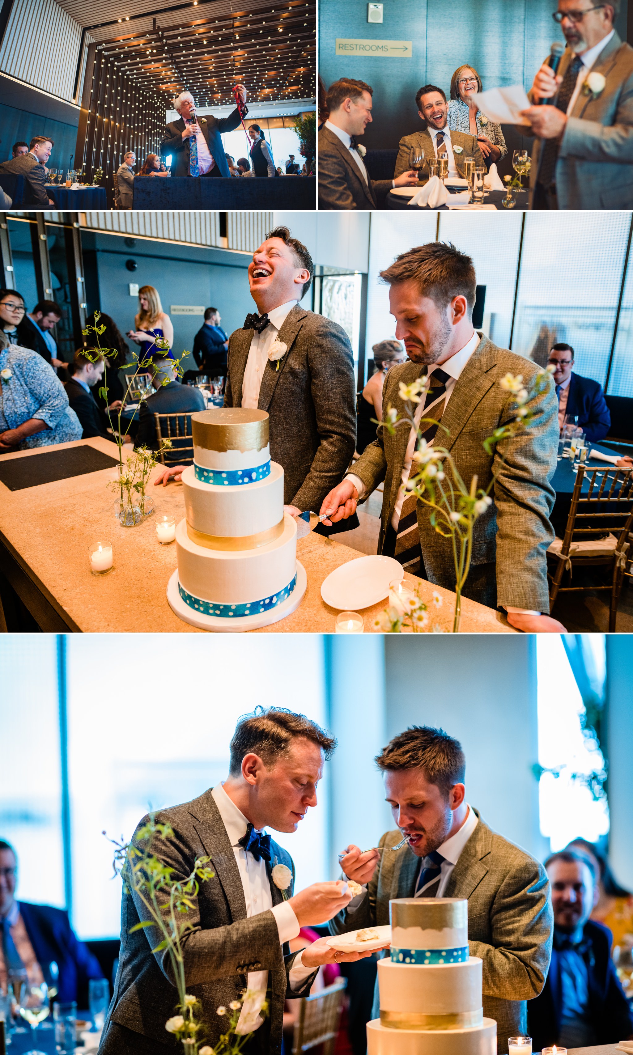  Scenes from Brian and Scotts brunch reception after their wedding ceremony at Riverpark NYC.  This is the cake cutting with a cake from Empire Cakes in Chelsea, Manhattan.  