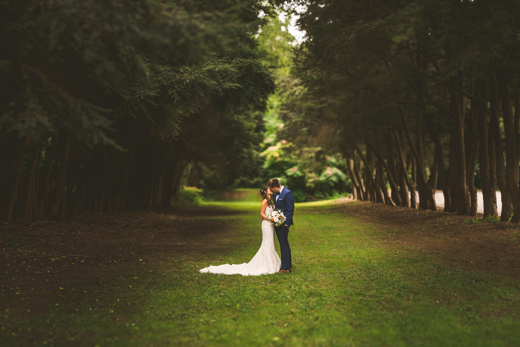 Classic tree lined image of the bride and groom on their wedding day at their Long Island, de Seversky Mansion wedding.