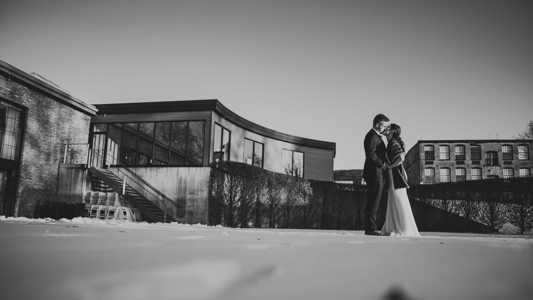 Wedding portrait taken of the bride and groom at the Roundhouse in Beacon, New York up in the Hudson River Valley
