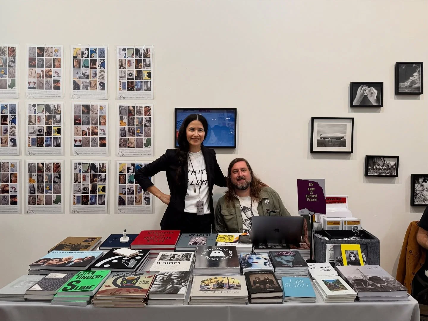 JC and Sybil, powerhouse lovebugs behind @hatandbeardpress #nyabf go say hi and get last remaining books, and posters! exciting to see &ldquo;Art History &amp; The Airline Safety Information Card&rdquo; from Metaphysics going going&hellip;.