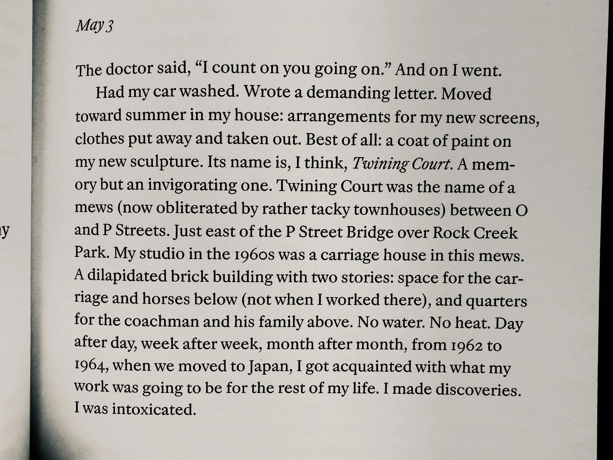 This is Anne Truitt on May 3, 2001, from &ldquo;Yield: A Journal of an Artist&rdquo;. Today is May 3, 2026. On this day 25 years ago she put a coat of paint on&mdash;and named&mdash;&ldquo;Twining Court&rdquo;. 
&ldquo;Twining Court I&rdquo; is on vi