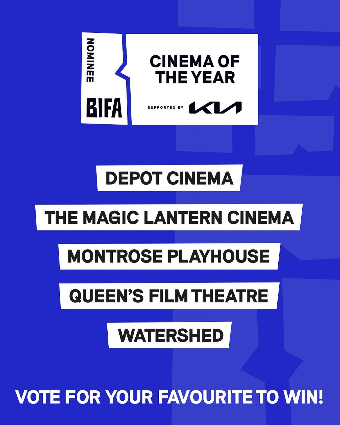 Meet the nominees for BIFA&rsquo;s Cinema of the Year award, supported by @kiauk 🥁

@lewes_depot, @themagiclanterncinema, @MoPlayhouse, @qftbelfast &amp; @w_shed.

And now, it&rsquo;s up to you to decide the winner!&nbsp;🗳️

Head to the link in bio