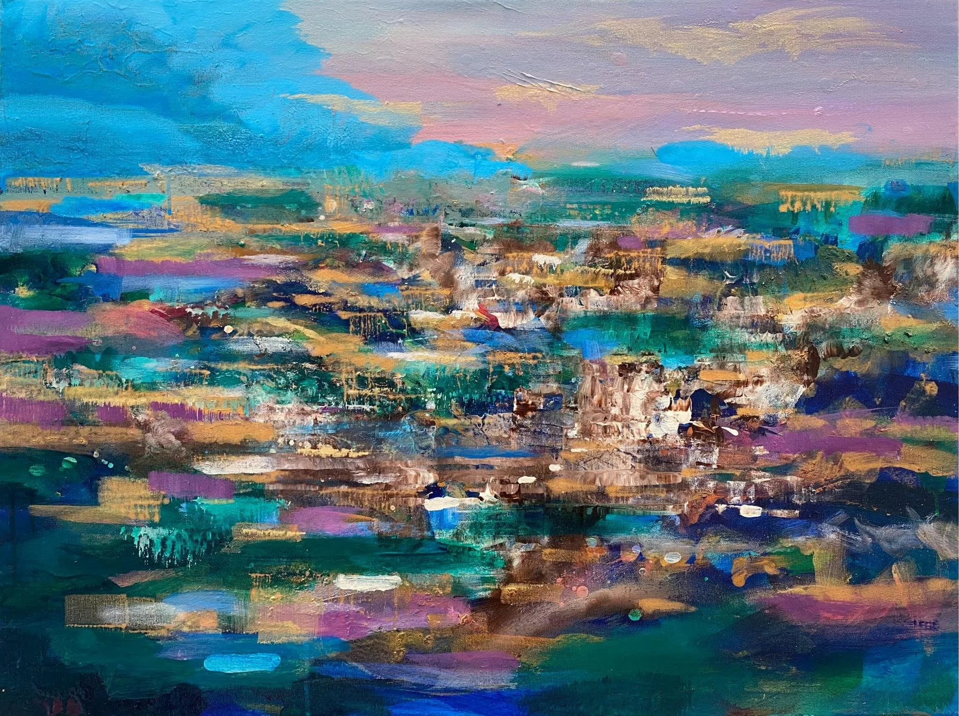 Luminous layers of iridescent gold create depth and spiritual resonance, while jewel-toned pigments dance across the canvas in celebration of Israel's timeless landscape