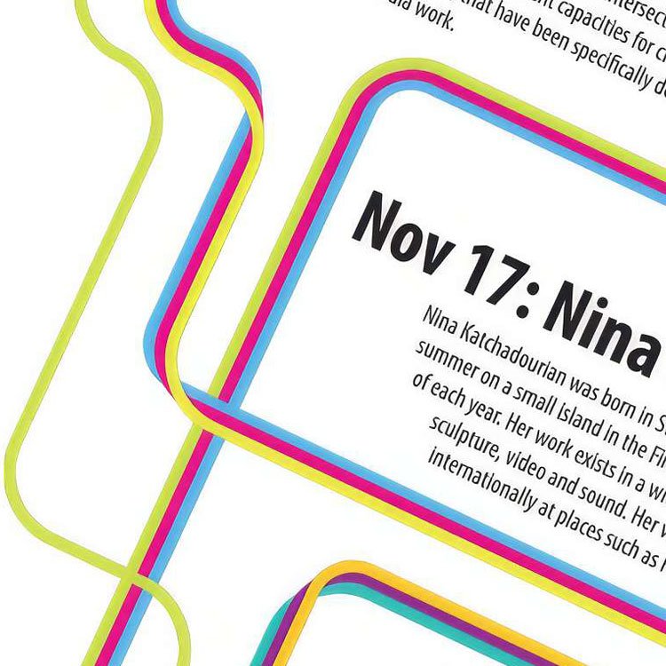 Colorful intersecting lines form part of a design for a visiting artist poster.