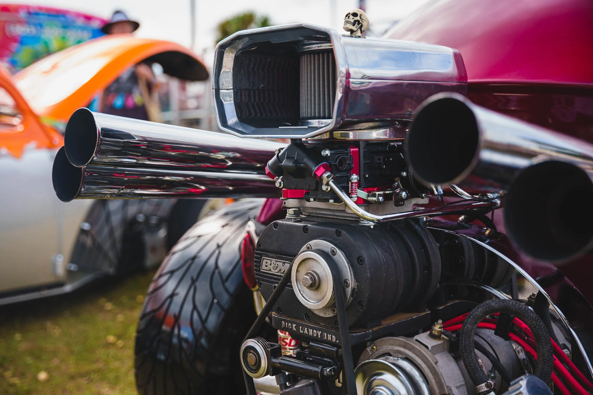 A belt-driven B&M supercharger on a VW flat-4 engine.