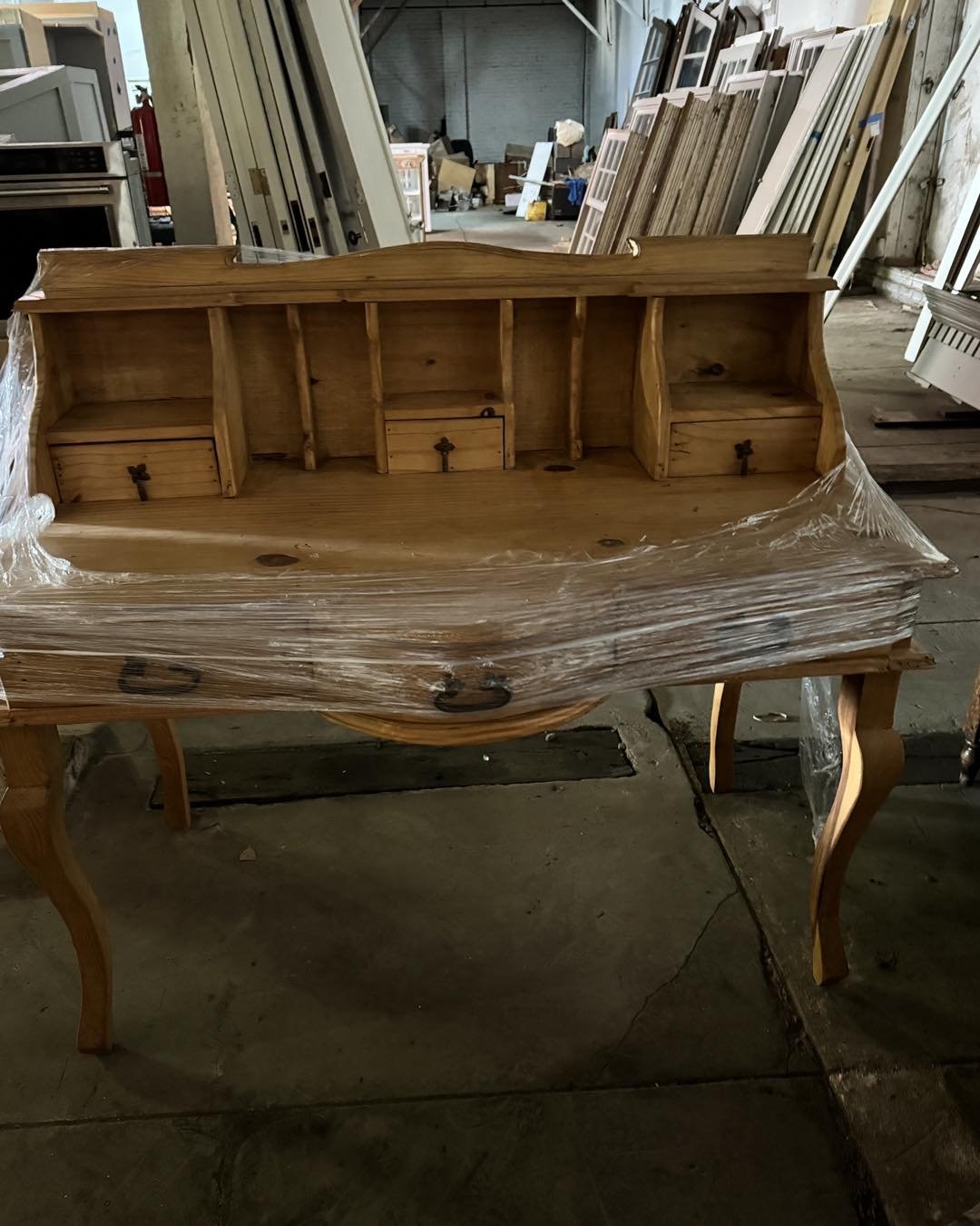 European carved pine open bow front desk with cabriole legs! Sometimes you just can&rsquo;t imagine what people leave behind! Priced to sell!! This week only&hellip;&hellip;at the Warehouse now. The Salvage Warehouse is open to members this week Tues