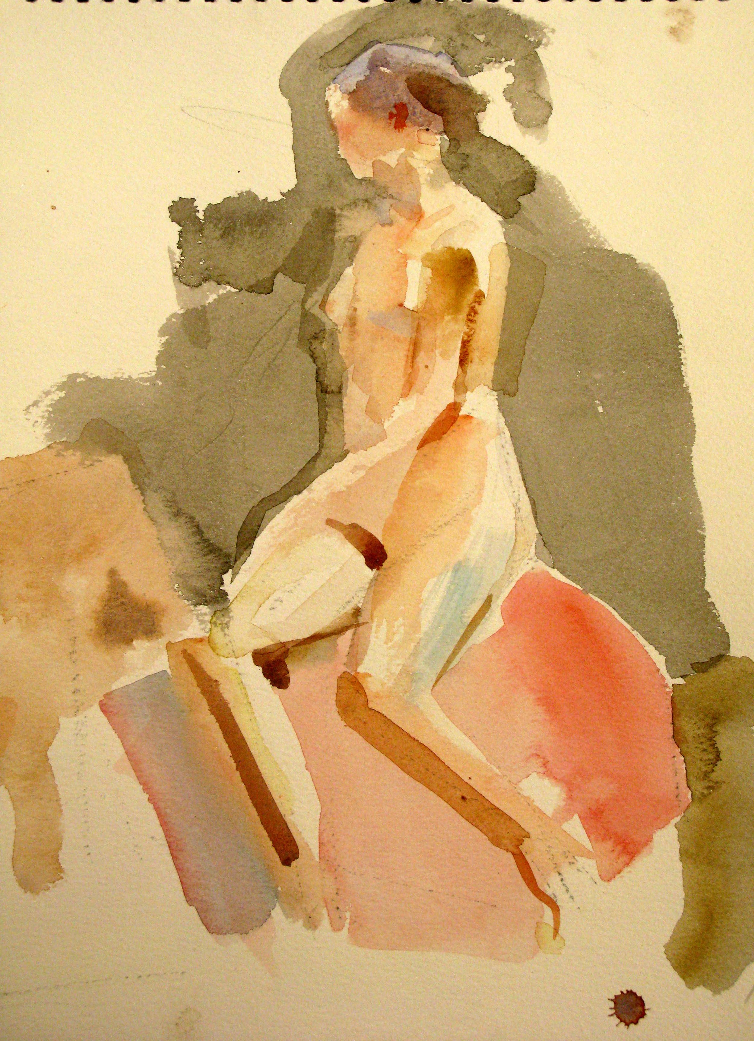 Seated Female Nude on Rose Drapery, 13.5" x 10", watercolor and ink, 1989.