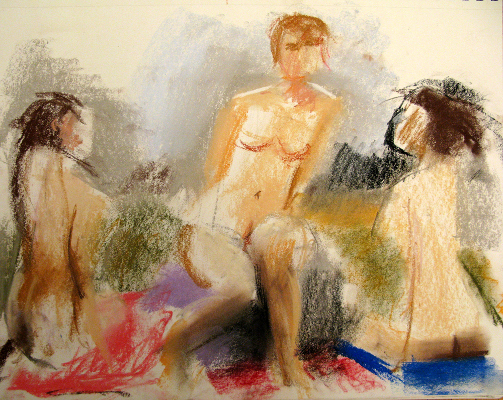 Three Female Nudes, 14 x 17 inches, pastel, 2012.