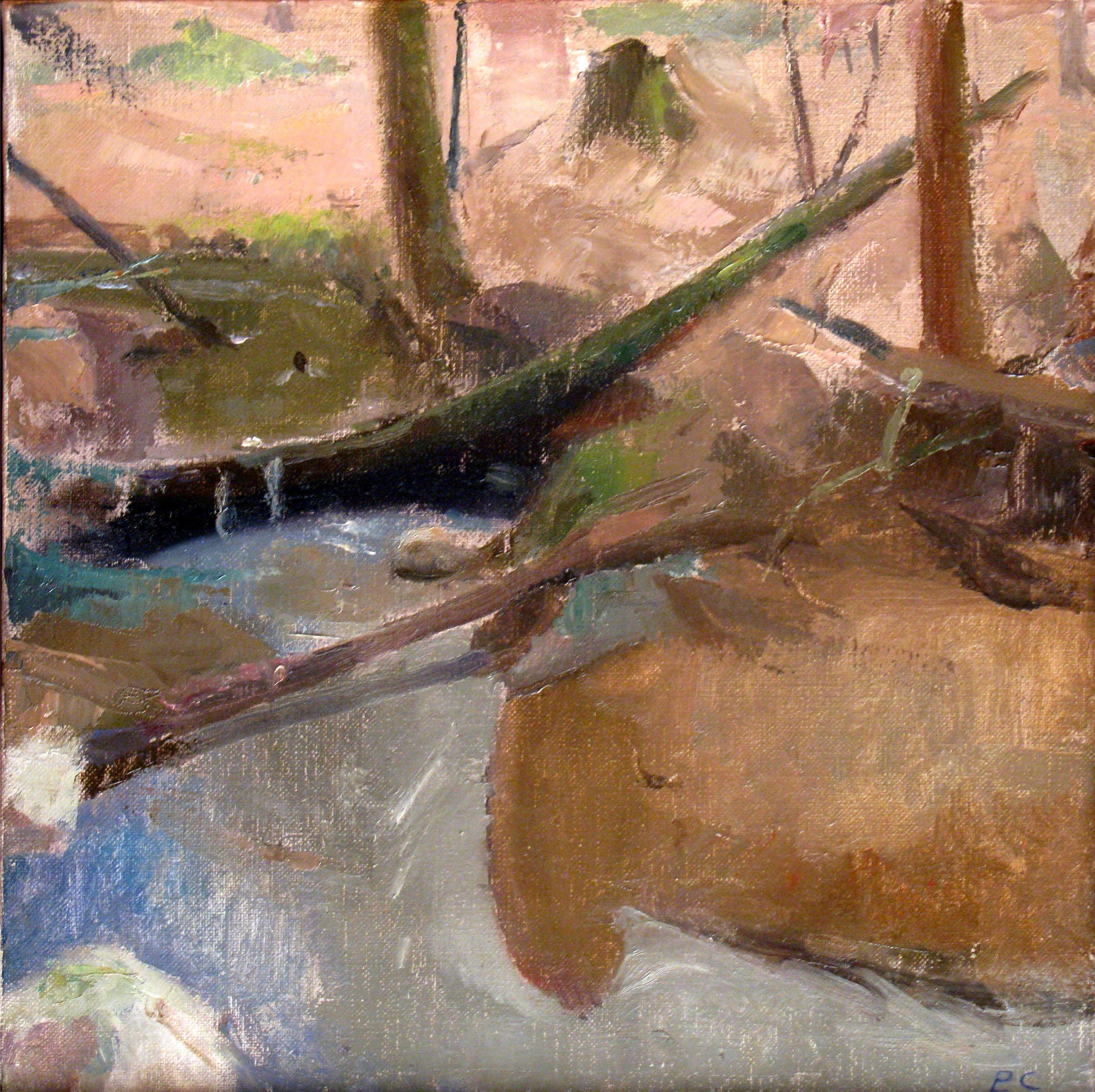 Fallen Trees in a Stream, 12" x 12", oil on linen, 2000.