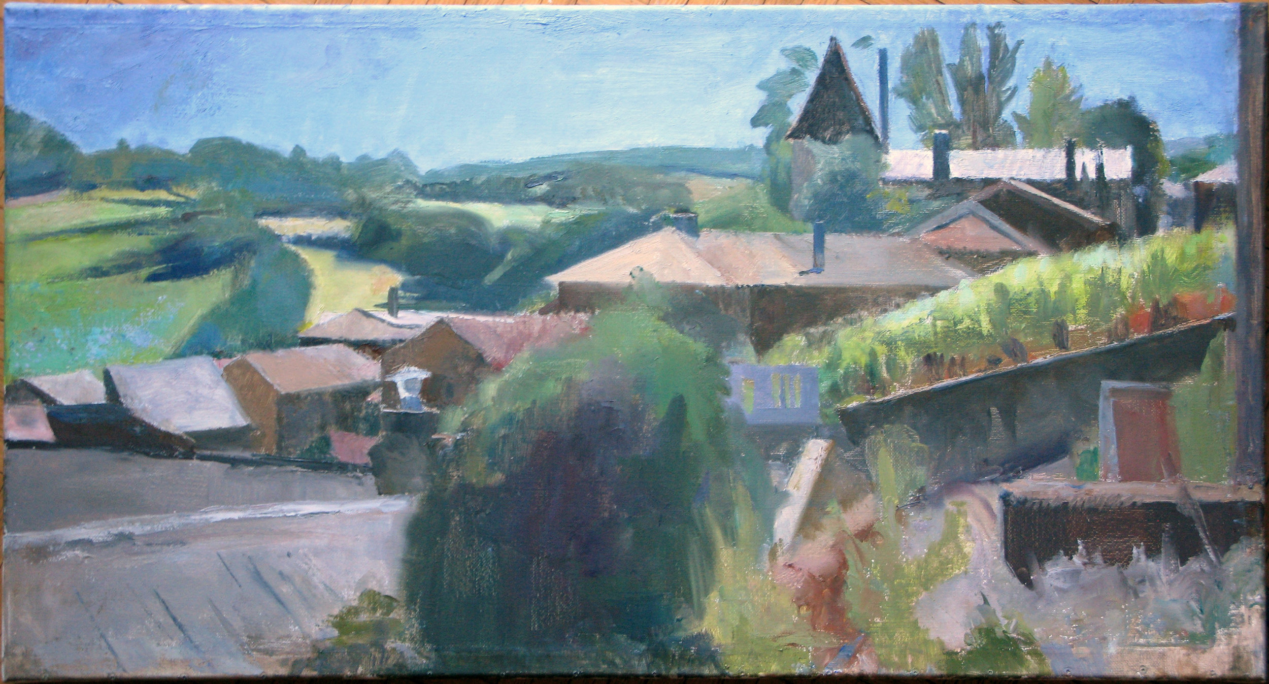 Solutre Roofs, 17" x 32", oil on linen, 2015.