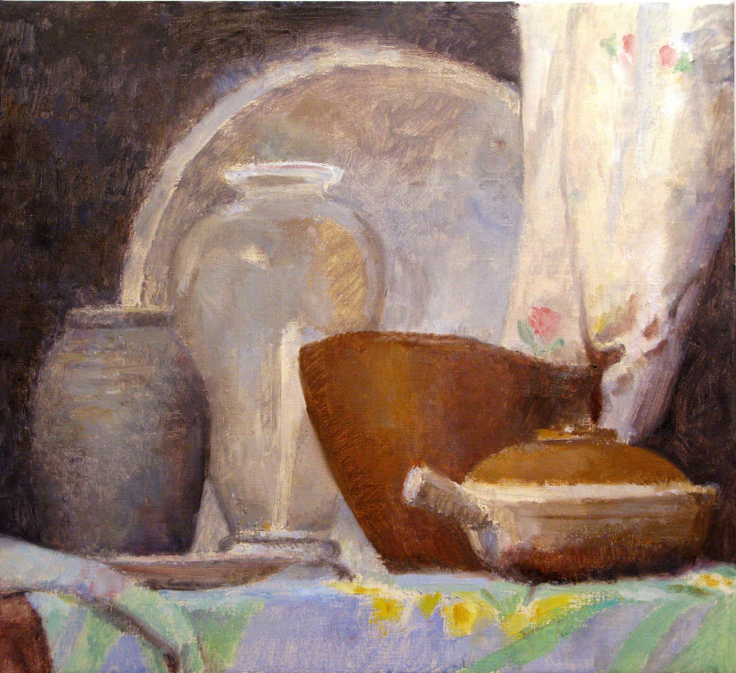 Glass Vase, Ceramic Pot and Wooden Bowl, 21" x 23", oil on linen, 2009.