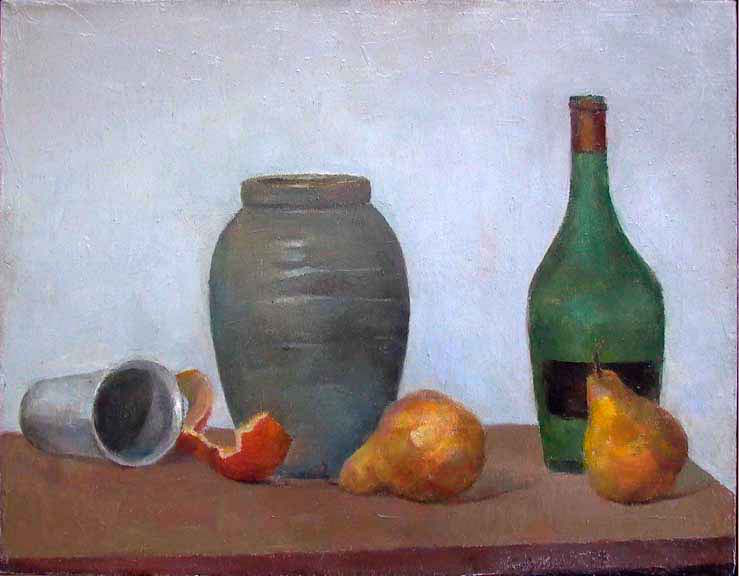 Pears, Jug and Wine Bottle, 16" x 20", oil on linen, 1979.