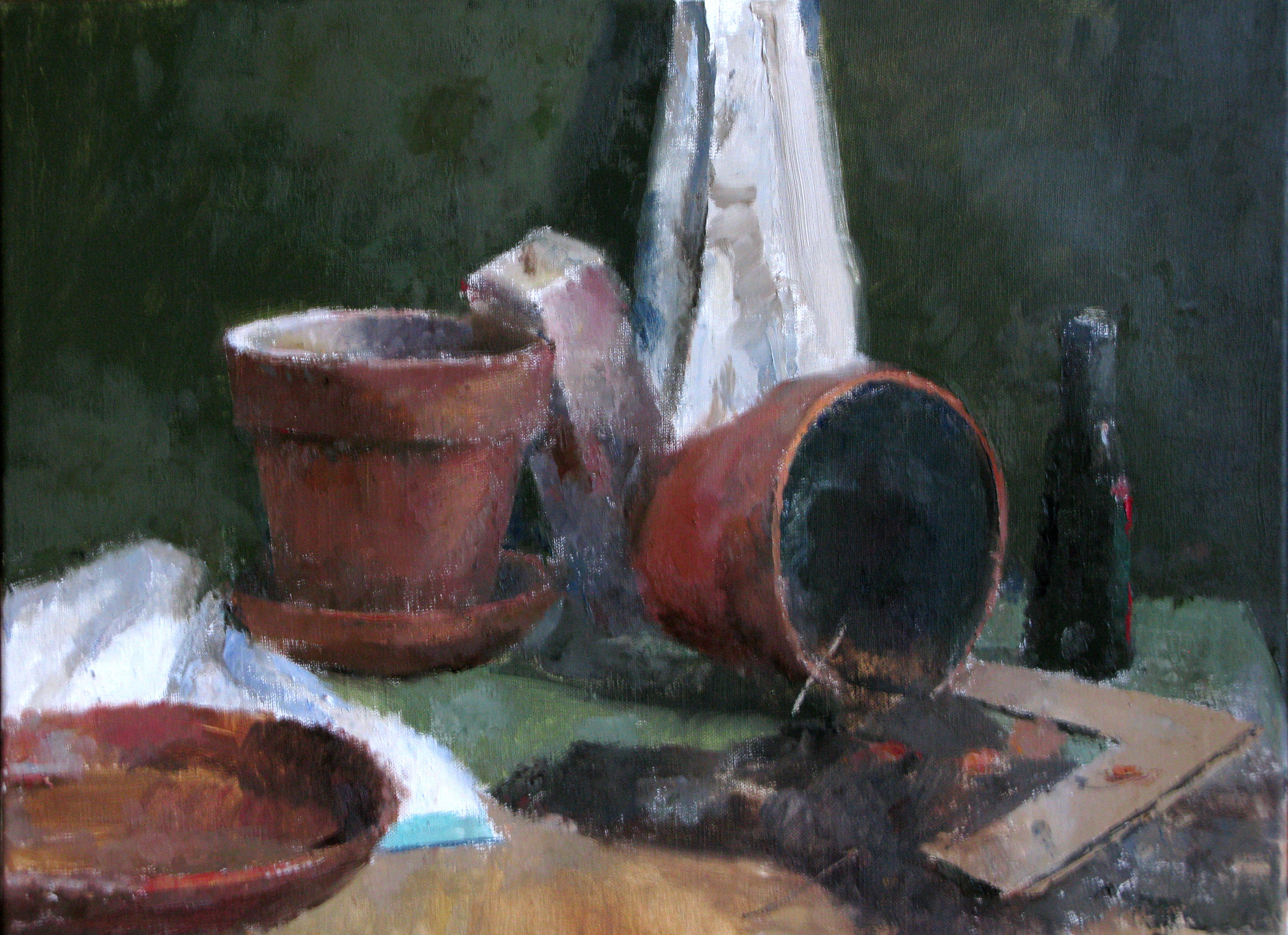 Plant Pots, Soil and Vinegar Bottle, 17" x 24", oil on linen, 2011.