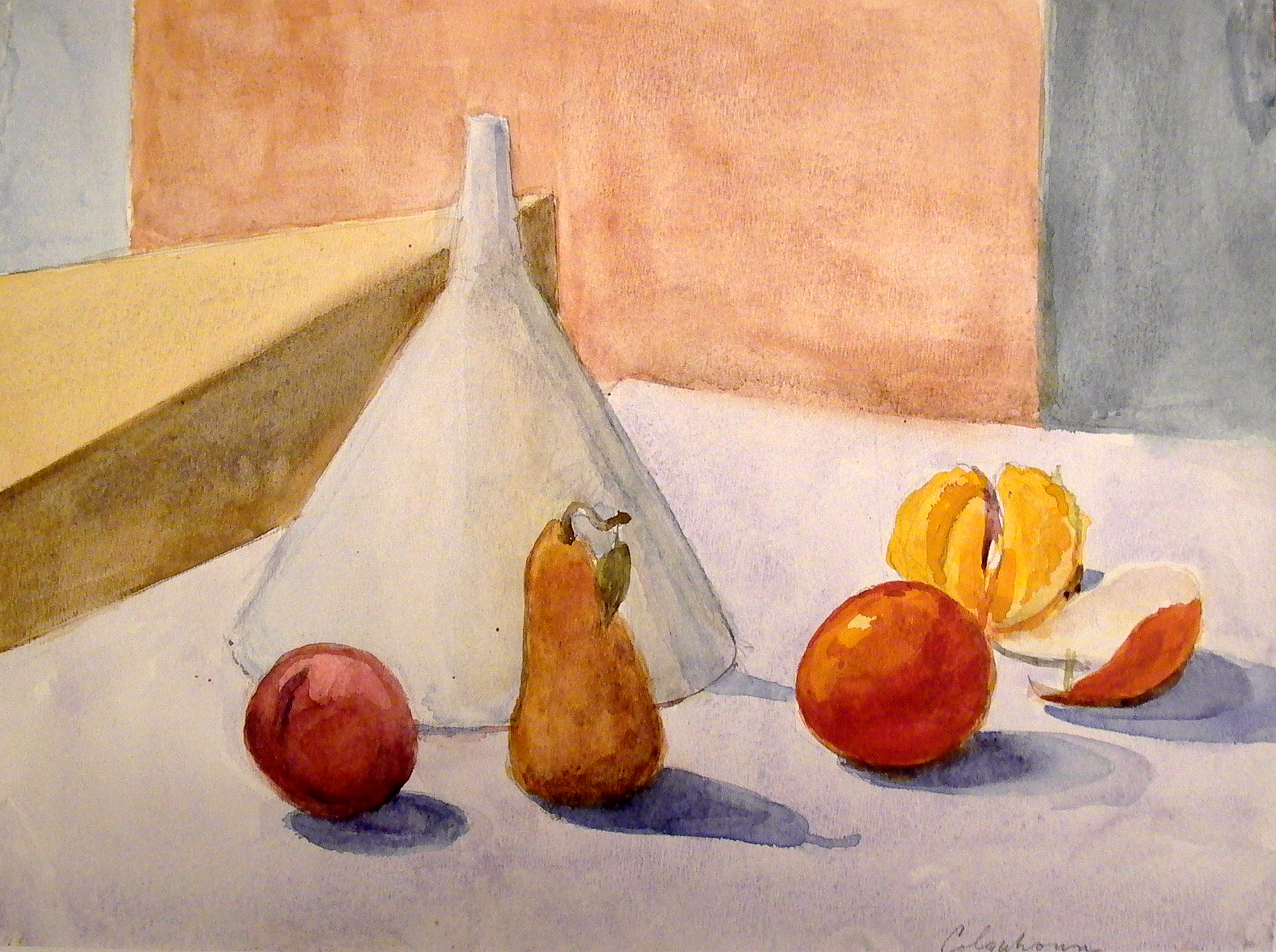 Plum, Pear, Oranges and Funnel, 9.5" x 12.5", watercolor, 1989.
