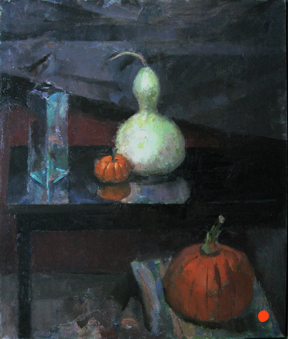 Pumpkins, Gourd and Bottle, 31" x 27", oil on linen, 2004.