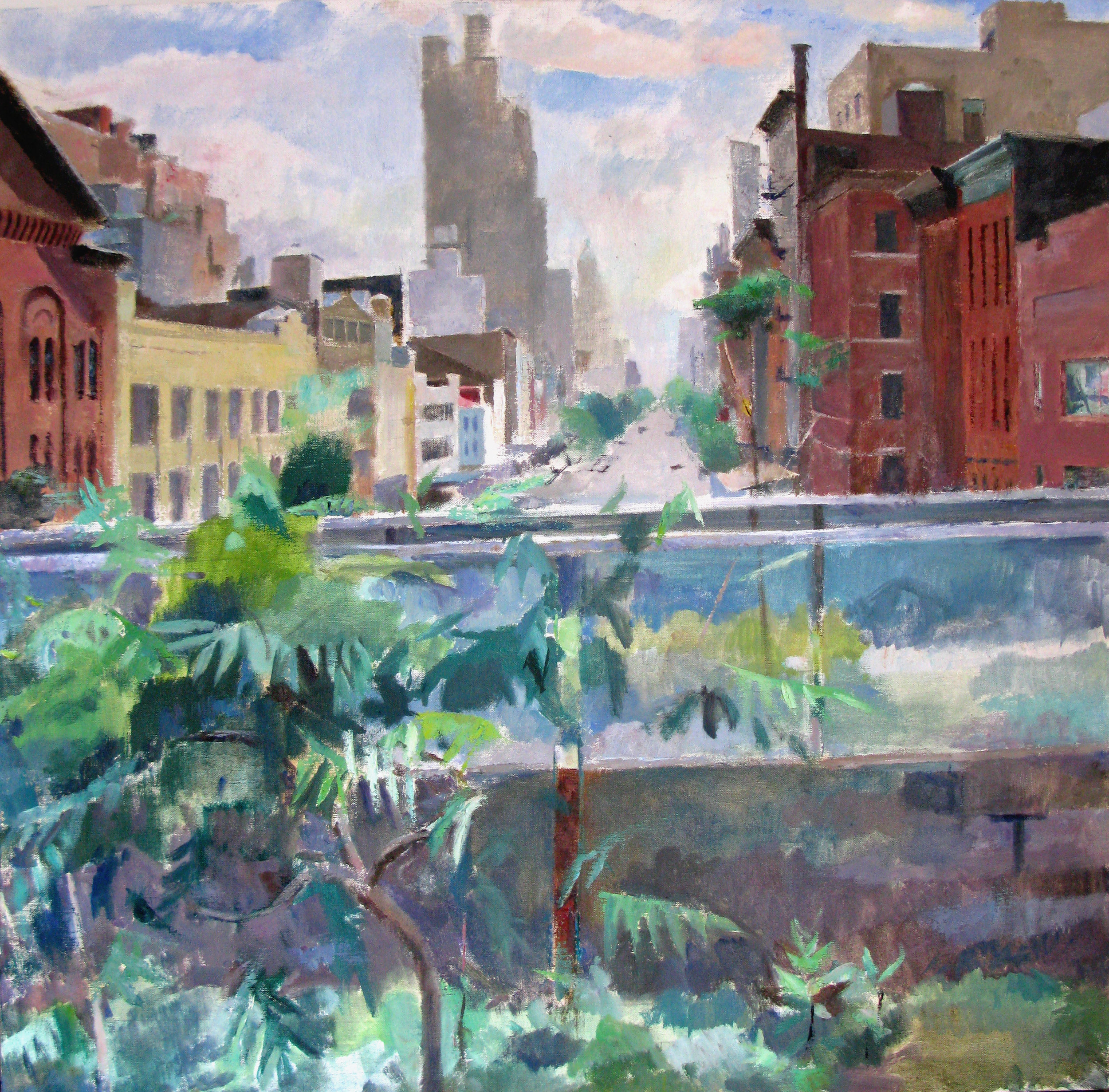 High Line Stairwell at 14th St, looking West, 36" x 36", oil on linen, 2011.