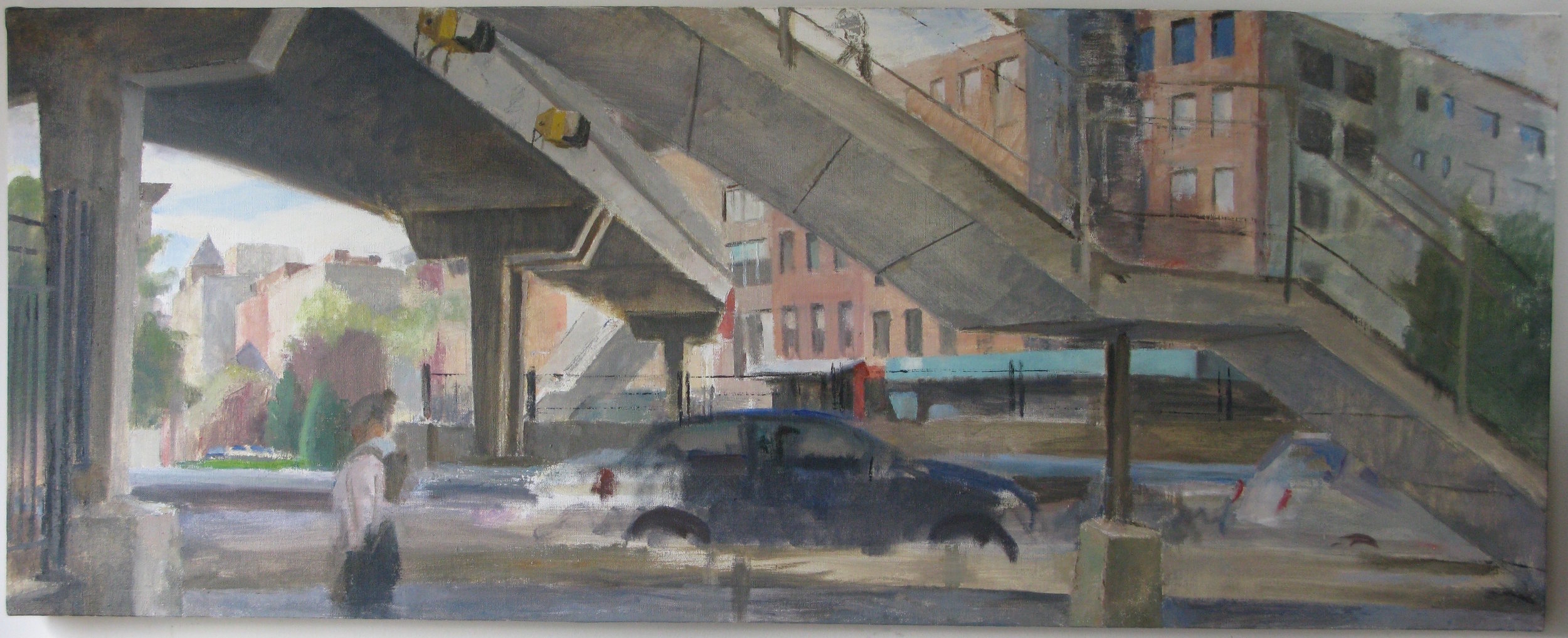 Laight Street Pedestrian Bridge, 22" x 55", oil on linen, 2014.