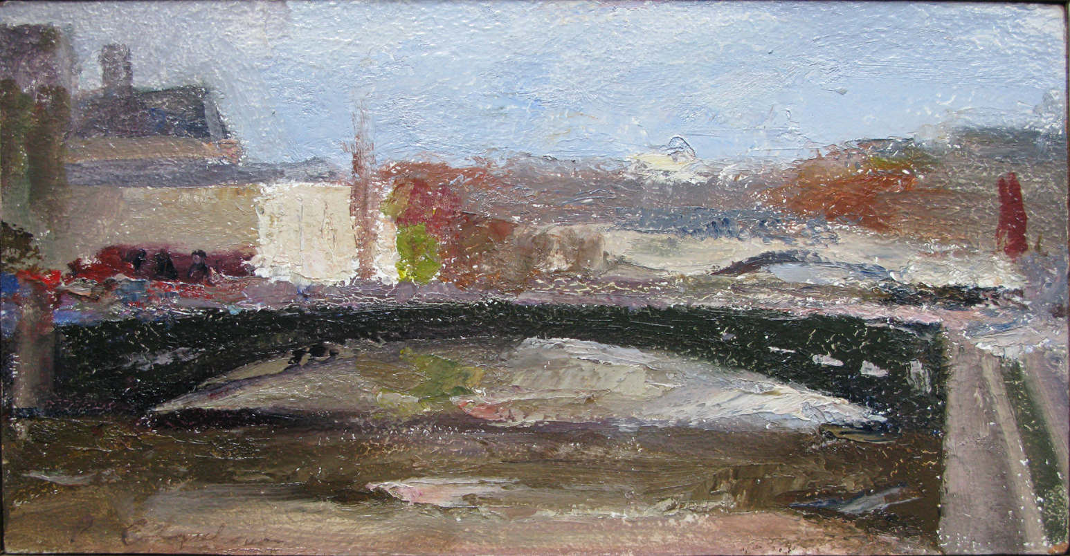 Pont du Arcole, 8.25" x 16", oil on panel, 2001.