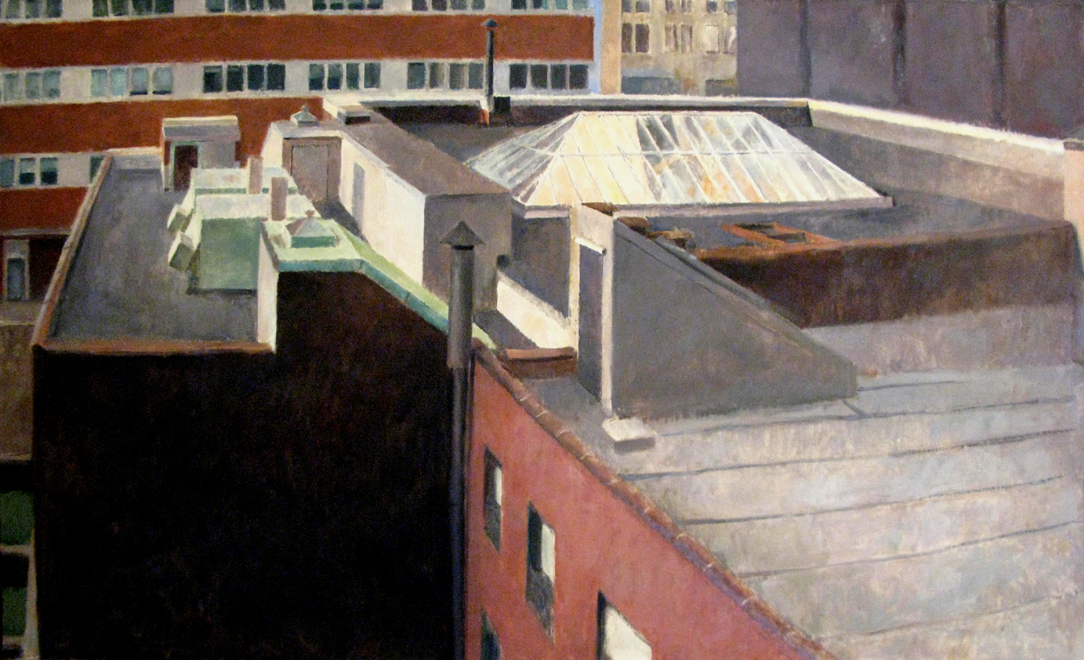 Trimble Lane Roofs, 36" x 62", oil on linen, 2004.