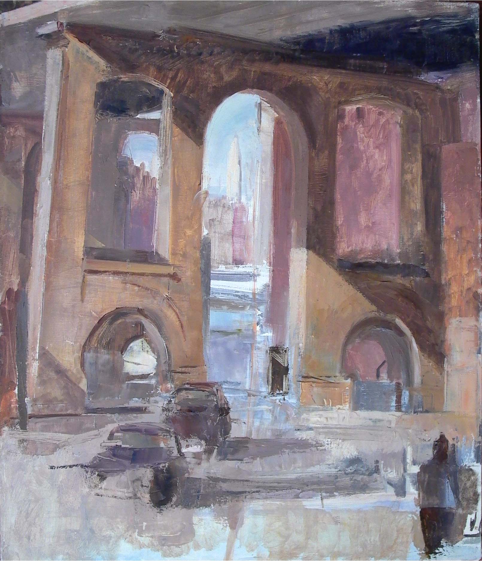 Under the Manhattan Bridge, 26" x 20", oil on linen, 1998.