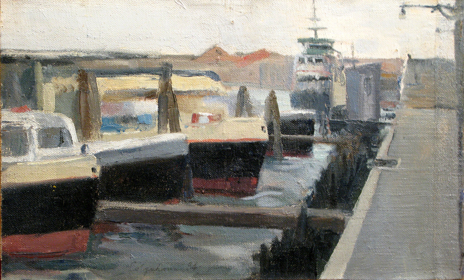 Vaporetti, Fondamenta Nuova, 10" x 16", oil on canvas mounted on board, 1984.