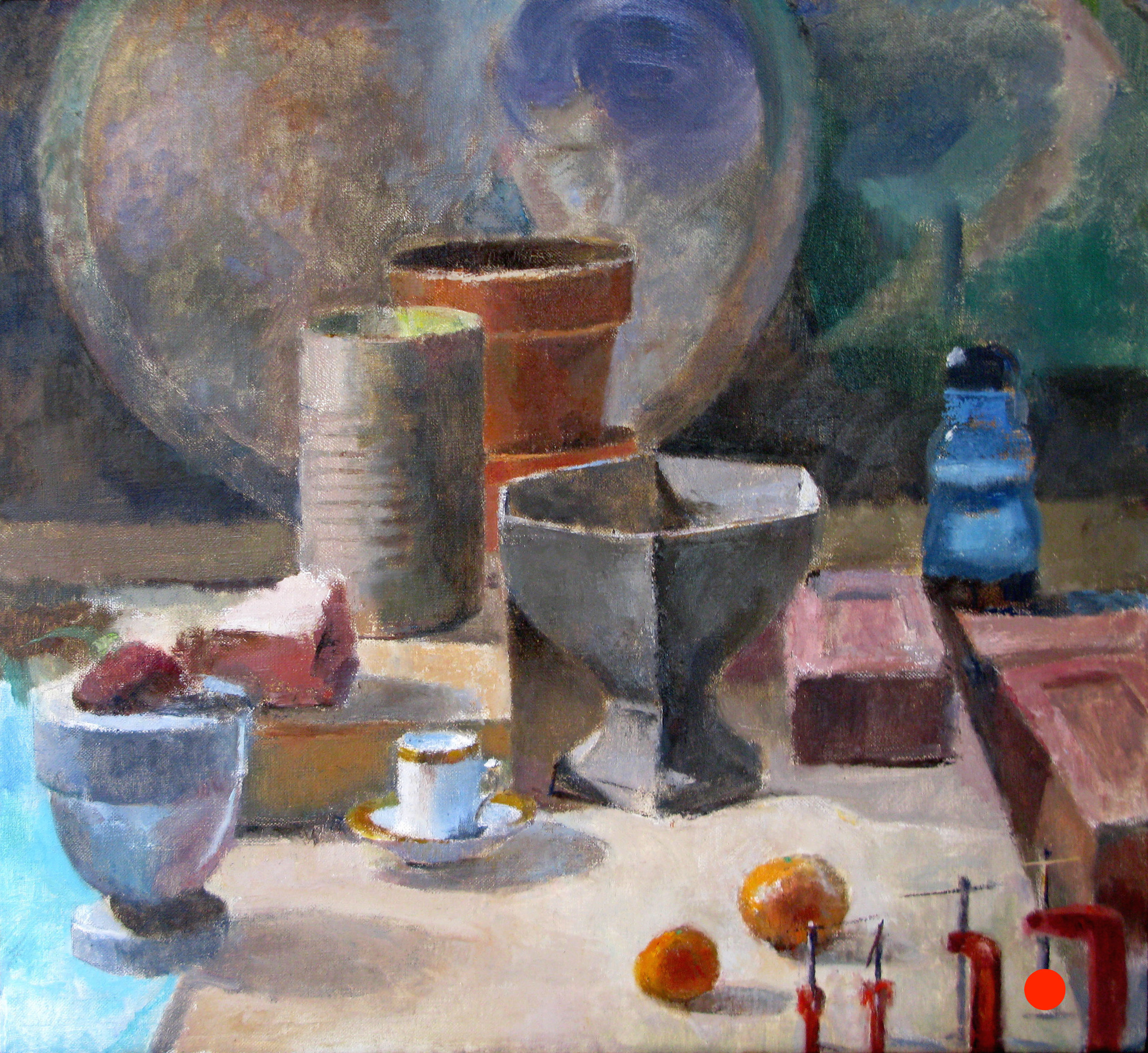 Still life with Tea Cup and Oranges, 22 x 24 inches, oil on linen, 2012.