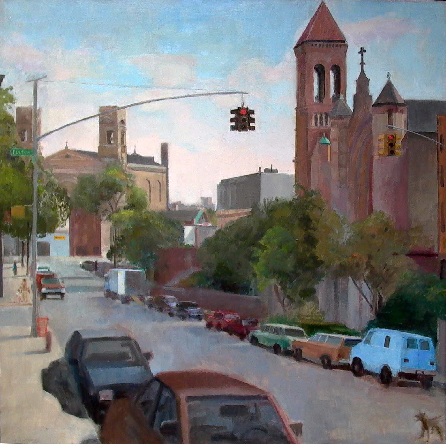 Fulton & Clinton Streets, oil on linen, 37 x 37 inches, 1991.