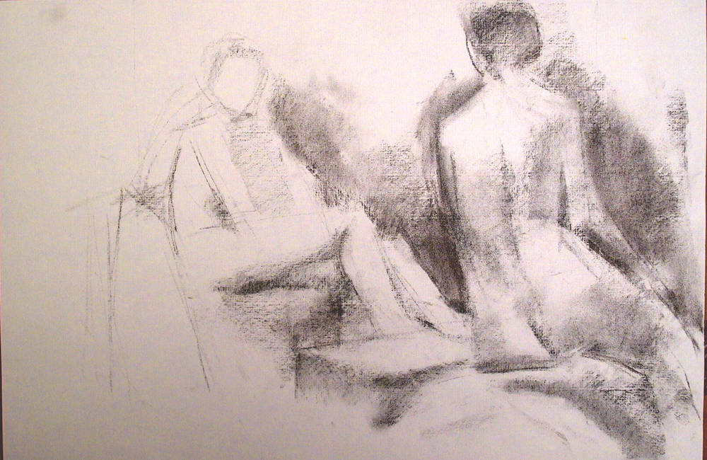 One Half Reclining, One Seated Female Nudes, charcoal, 12 x 18 inches