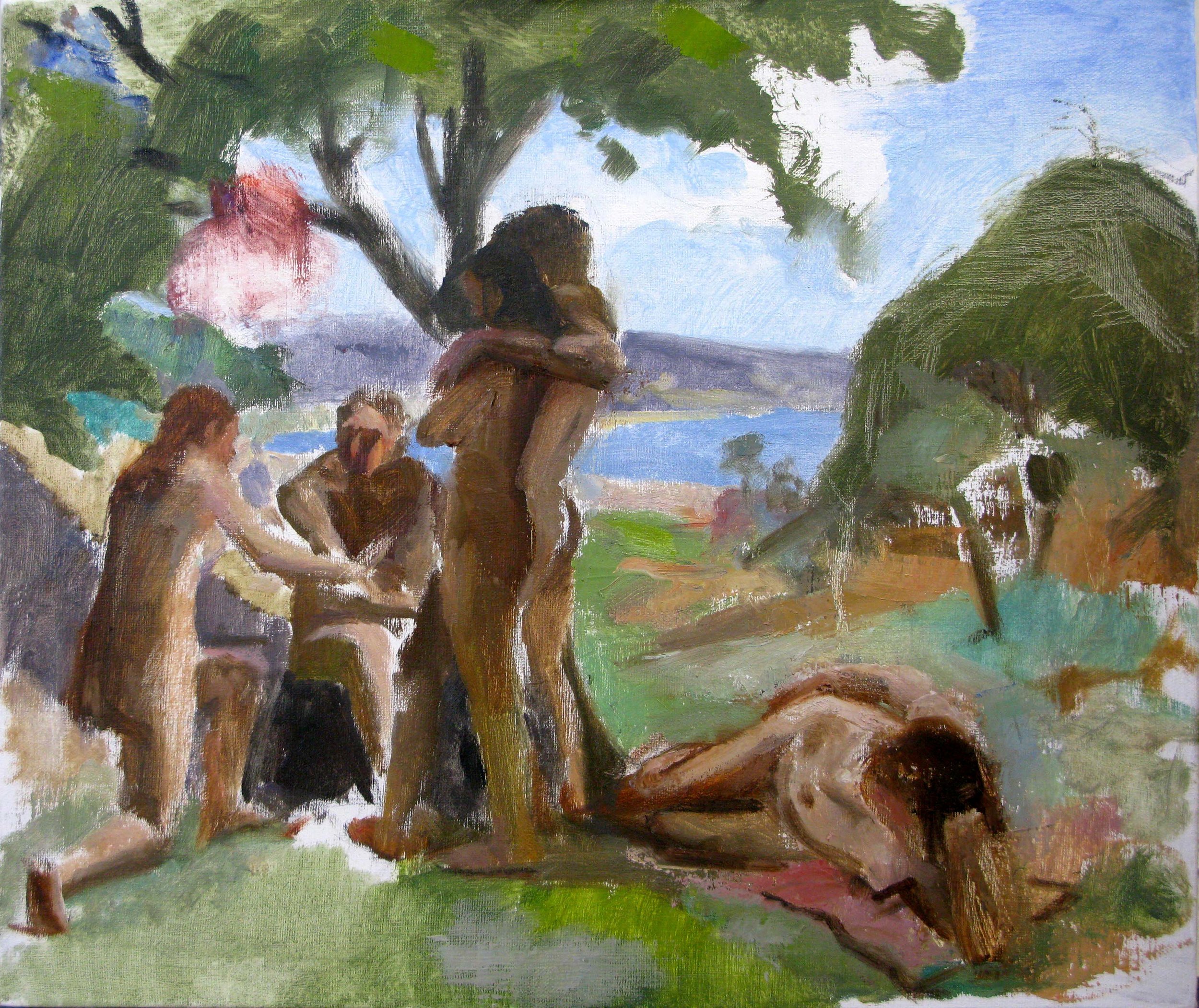 Five Nudes in a Landscape, 17 x 21 inches, oil on linen, 2009.