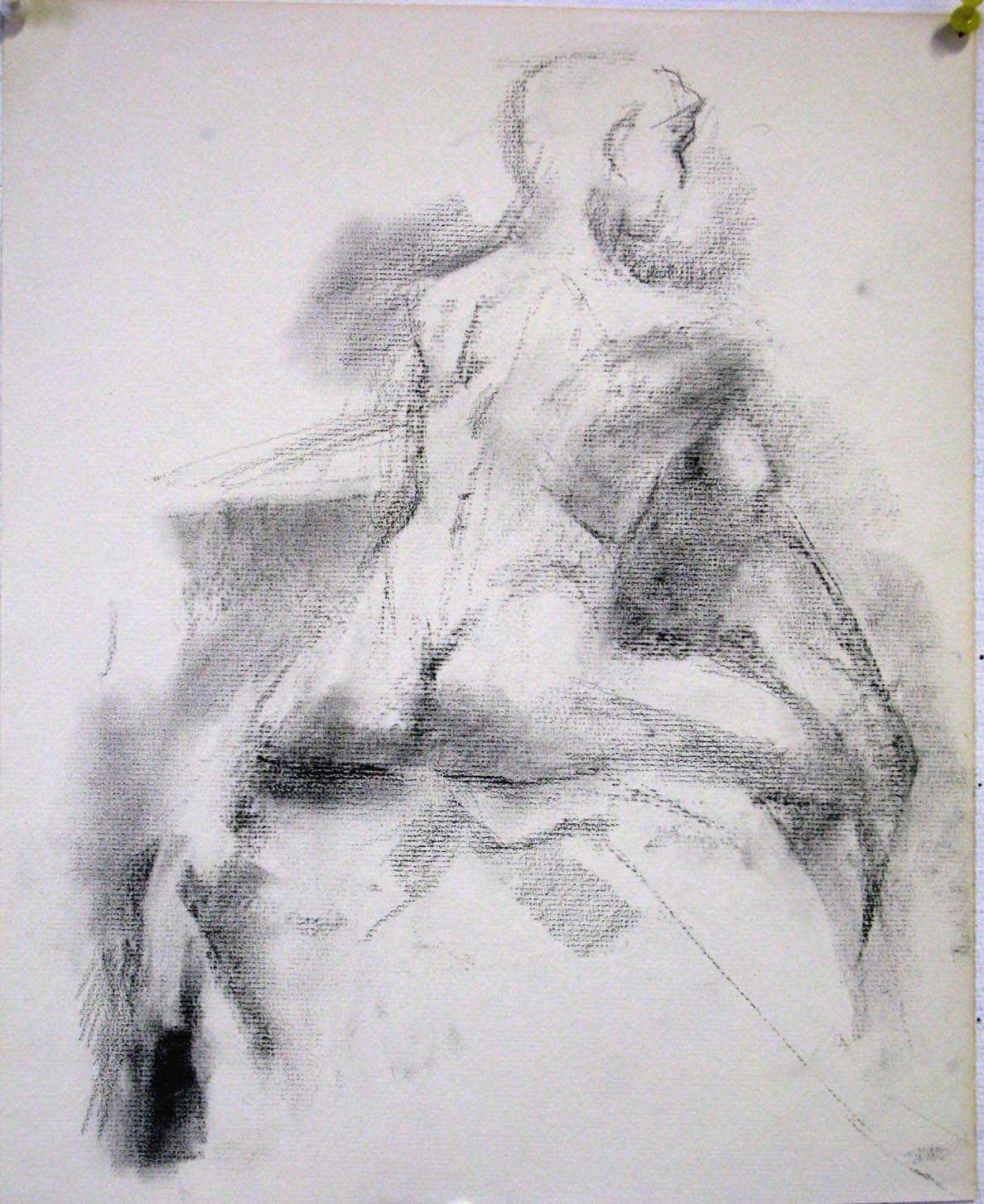 Seated Female Nude, Back, 15 x 12 inches, charcoal.