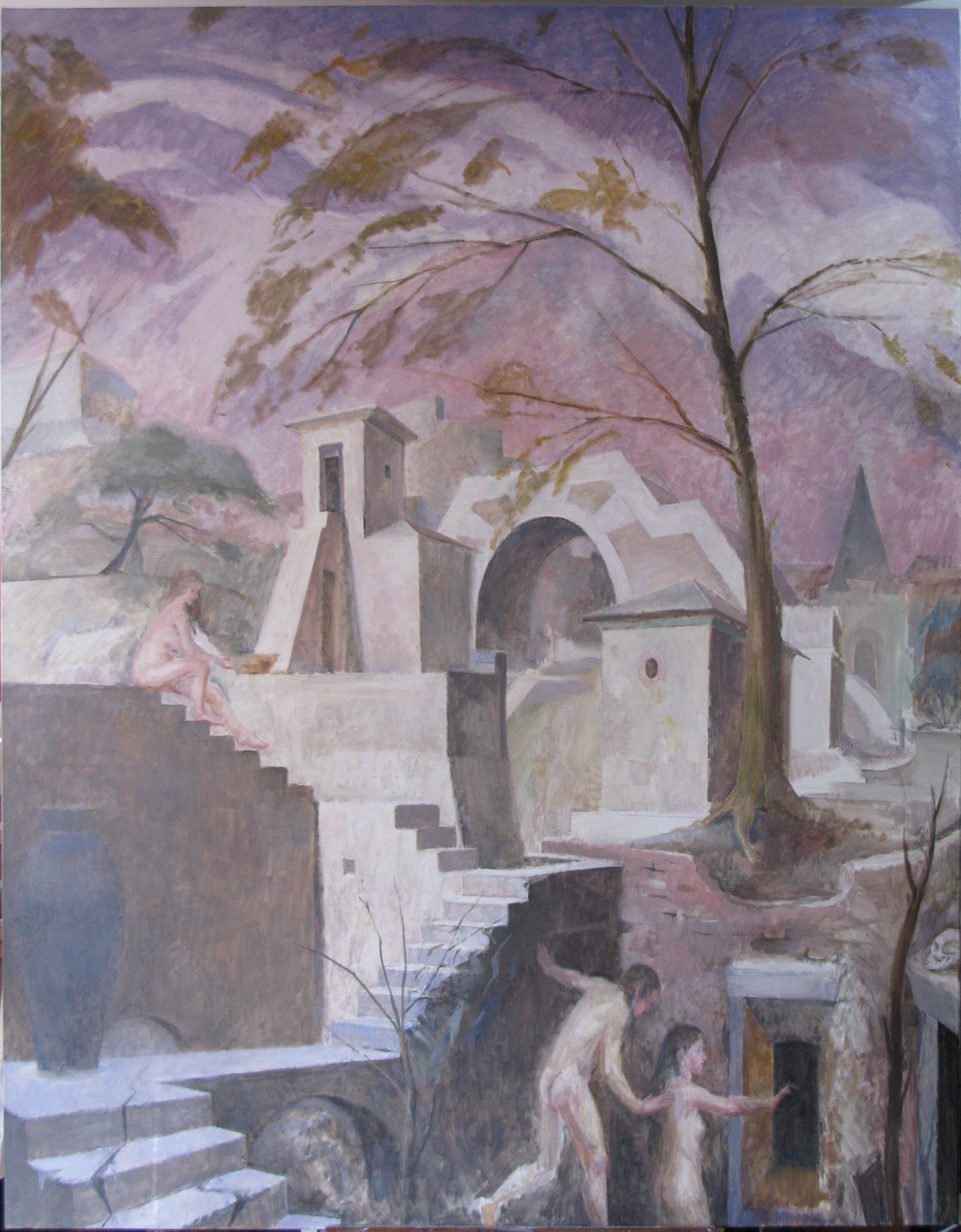 Ancient City, 80 x 70 inches, oil on linen, work in progress. 