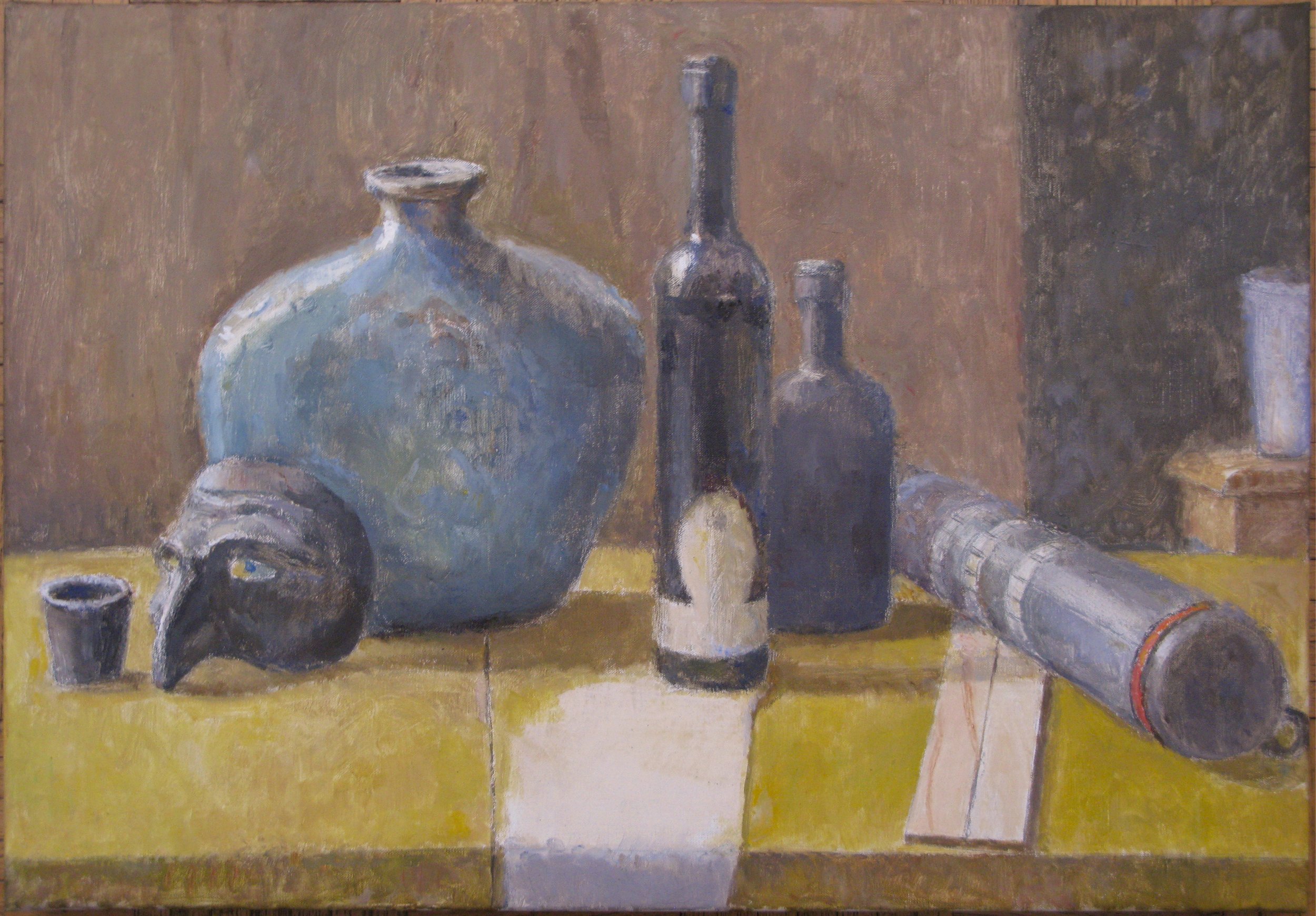 Turquoise Vase with Comedia del Arte Mask and Bottles, 19 x 28 inches, oil on linen