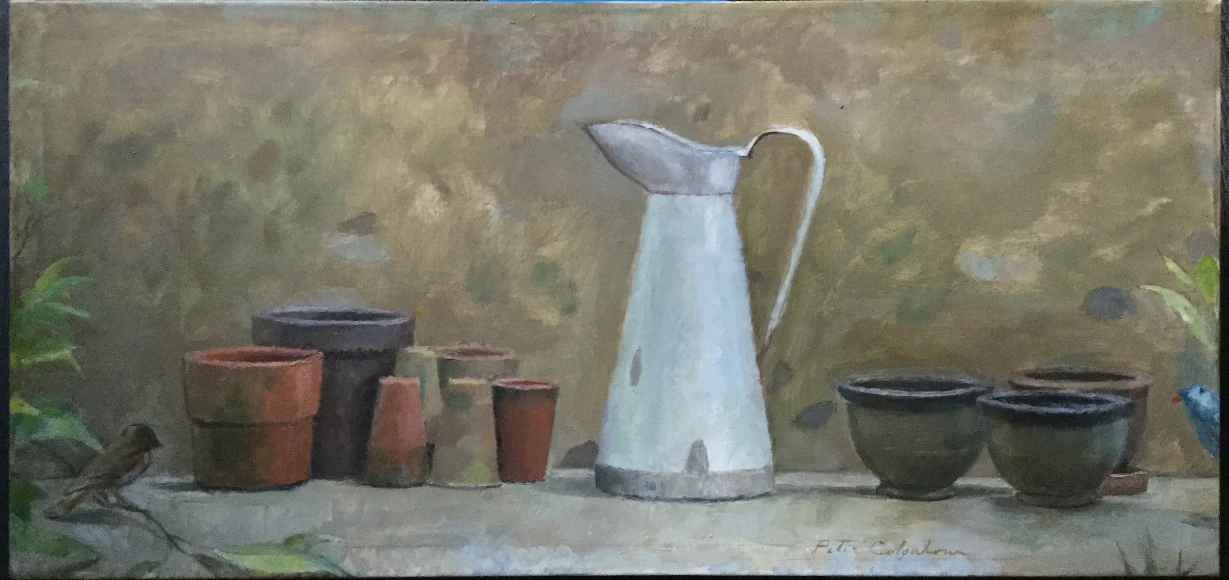 Clay Pots and Pitcher, Rue de Preuré, 20 x 42 inches, oil on linen