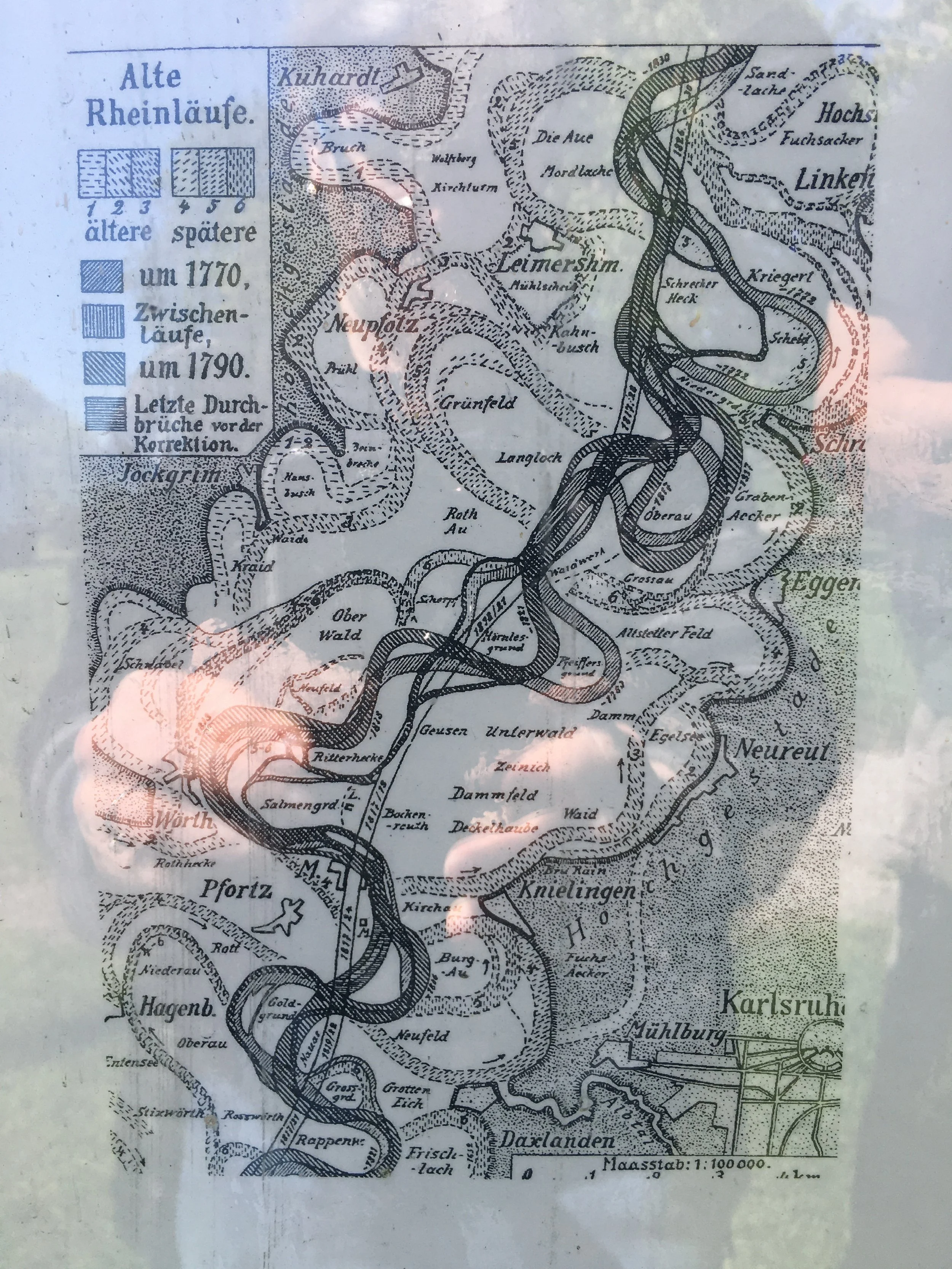 Photo of map showing the course of the Rhine at different times in history