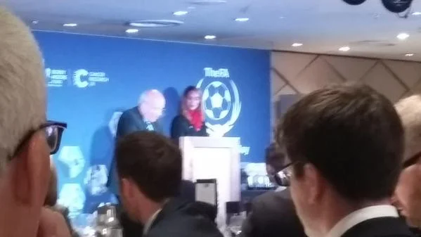 Gregg Dyke announcing the wothy winners at Wembley Stadium on Charity Shield Day