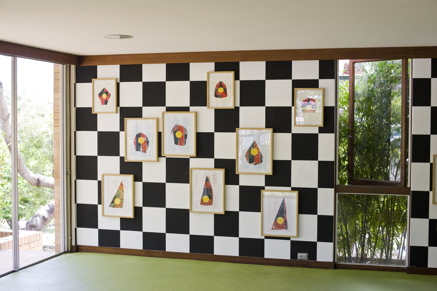  Protest Sail Collages as installed at David Pestorius Projects, Brisbane. Checkerboard wall painting by Heimo Zobernig