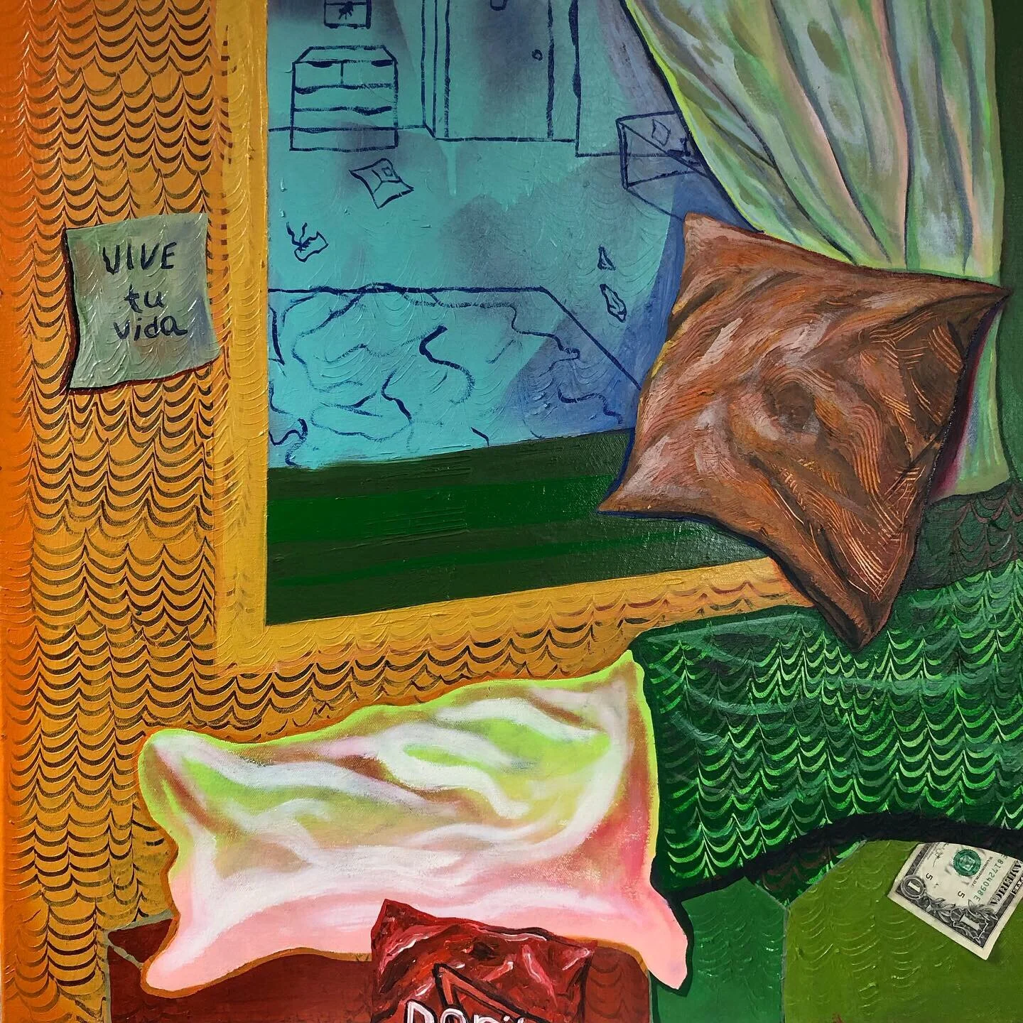 Vive tu vida - 2019 - acrylic , oil sticks, oil color and  and half a dollar on canvas - 2x2ft 