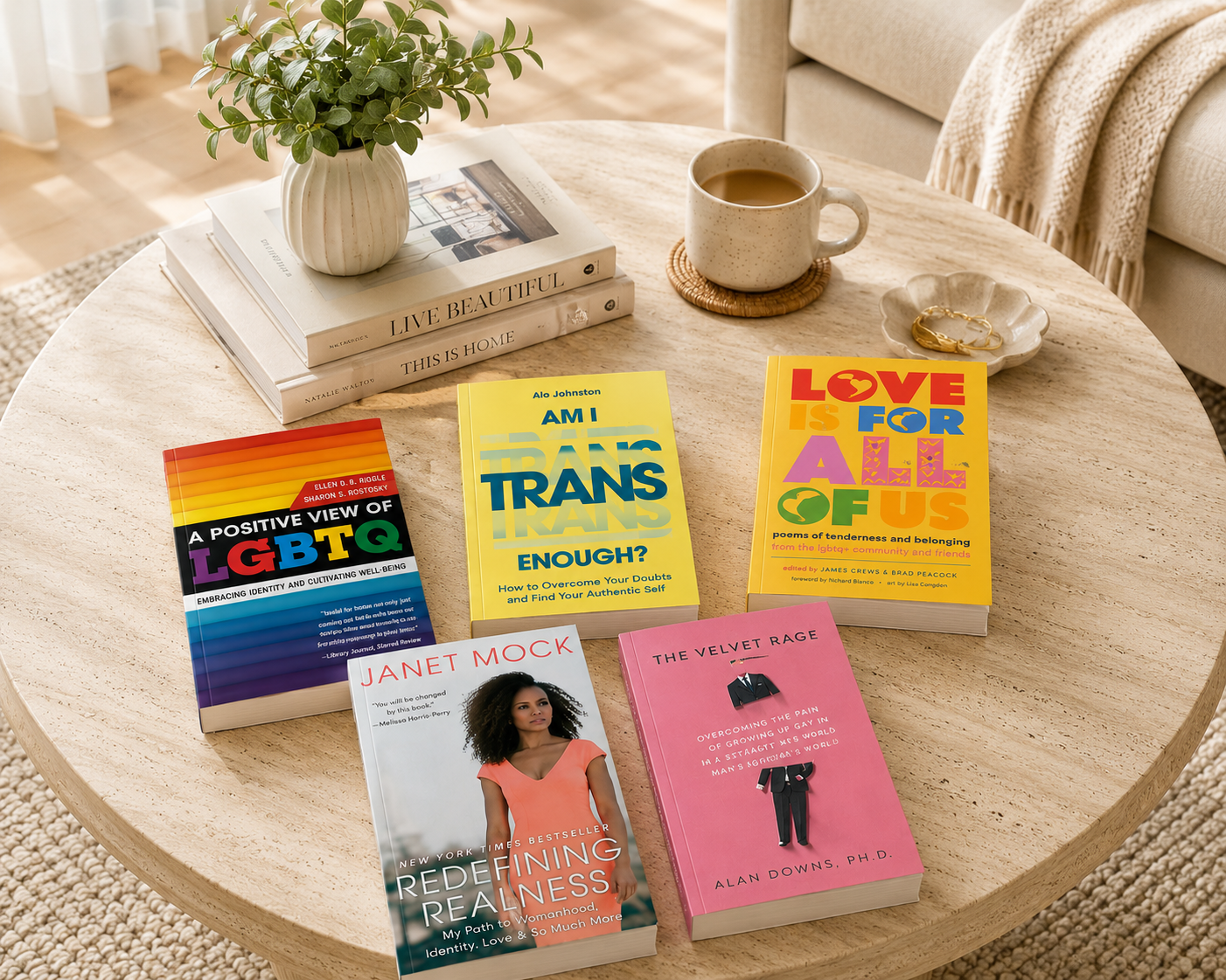 Five LGBTQIA+ books on a coffee table, including A Positive View of LGBTQ, Am I Trans Enough?, Love Is for All of Us, Redefining Realness, and The Velvet Rage