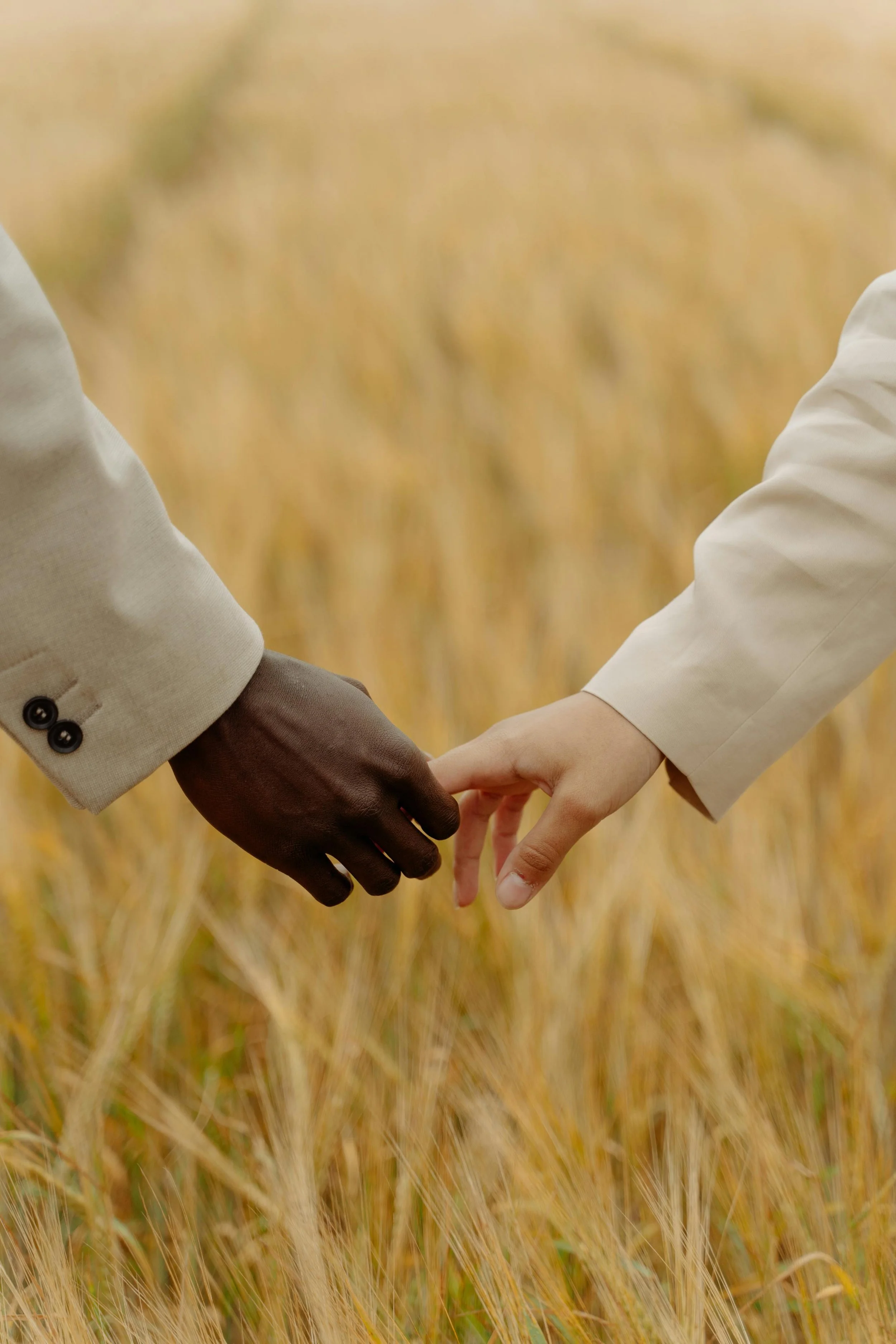 Two people in formal attire gently holding hands in a golden field, symbolizing connection and commitment in relationships