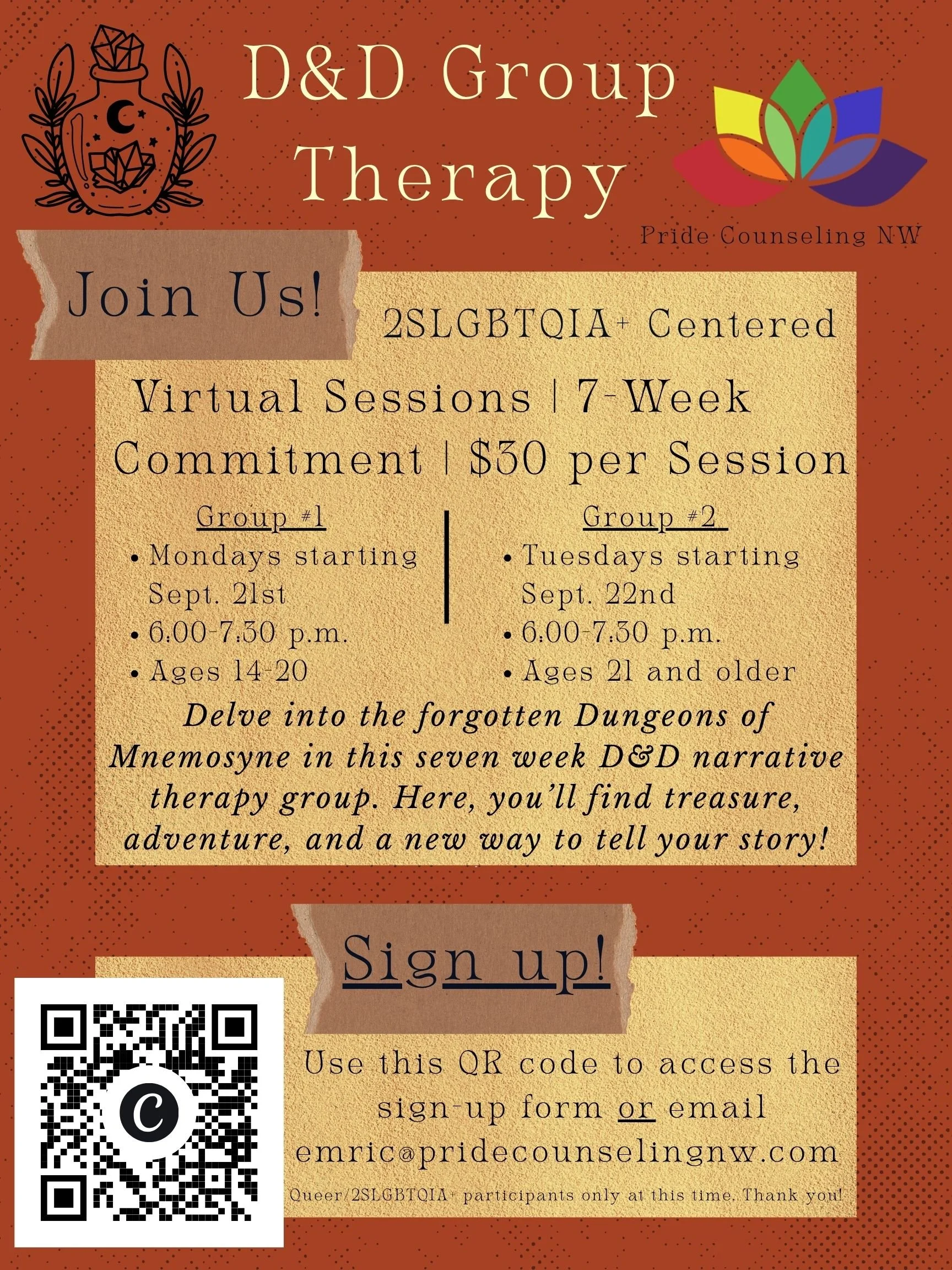 Flyer for a virtual 7-week art therapy group for 2SLGBTQIA+ folk, ages 18 and above. The flyer features illustrations of yarn, a paint palette, brushes, and buttons, with a pastel color background.
