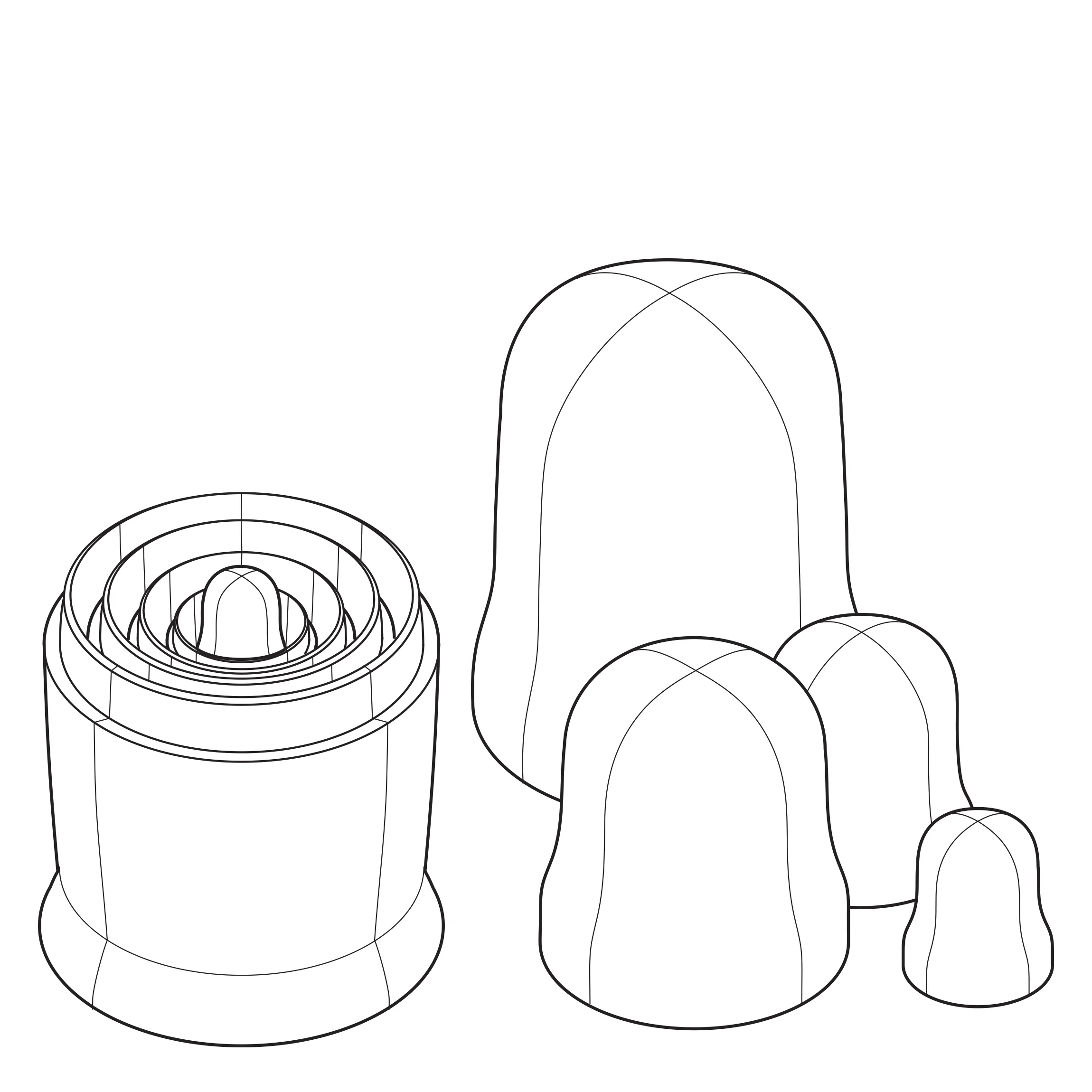 Three abstract solutions representing the main terms of the nature of a Russian Doll. Negative Space, Revolving - Direction, Offsetting - Scale
